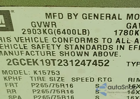 2003 Chevrolet Silverado 1500 Lt z USA, uszkodzony, nr VIN 2GCEK19T231247452